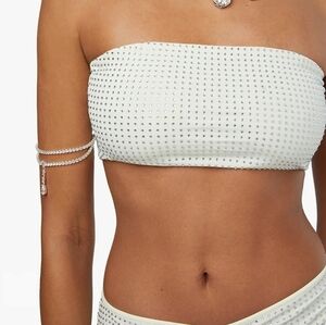 WeWoreWhat Crystal Bandeau Top Ecru Crystal Spandex, Size Large